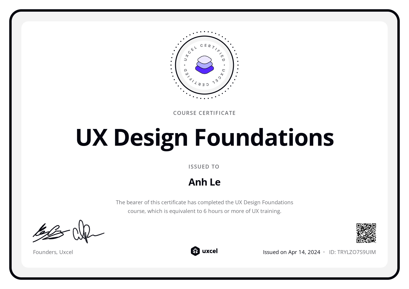 Anh Le's certificate